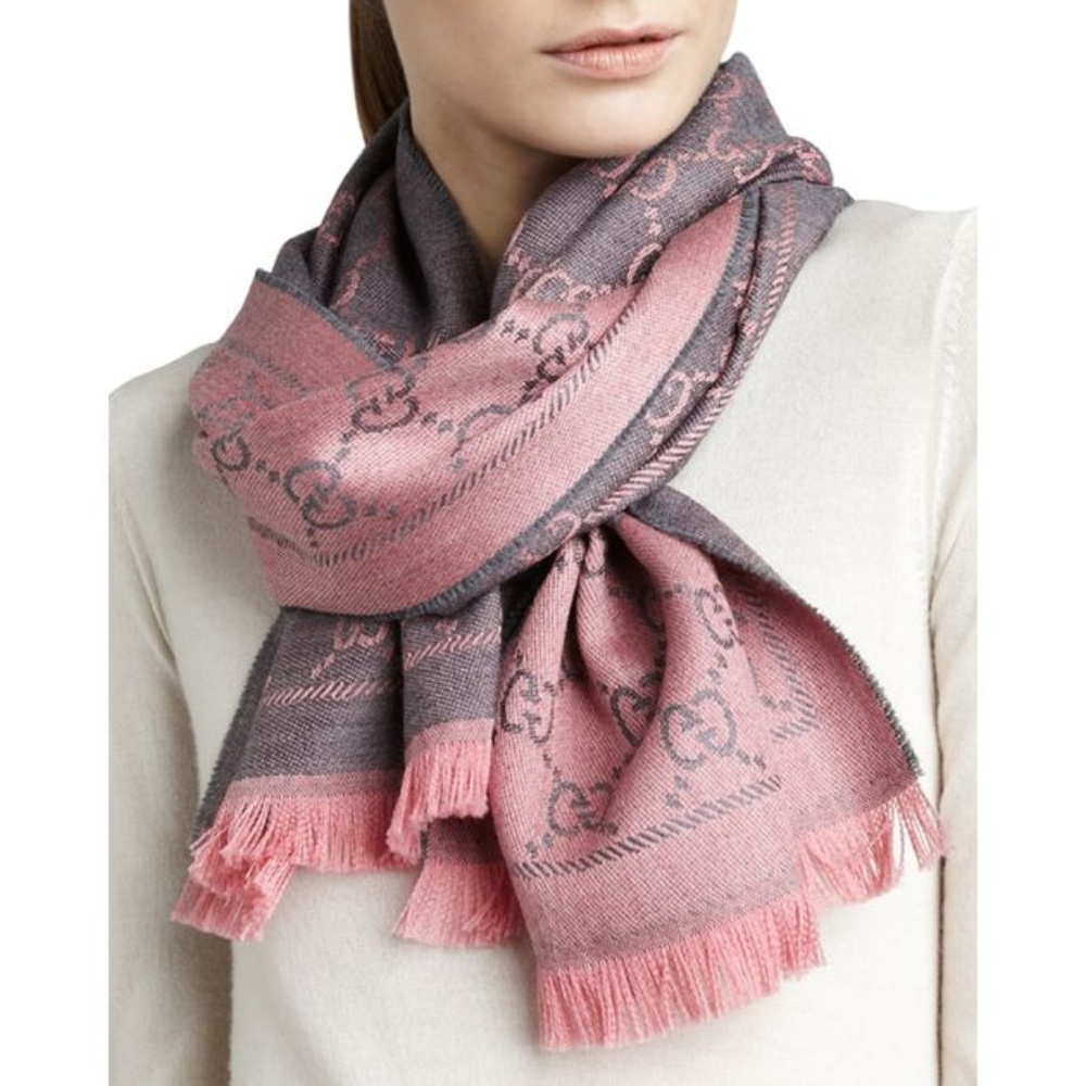 Gucci Jacquard Logo-Print Wool Scarf, GraphitePink